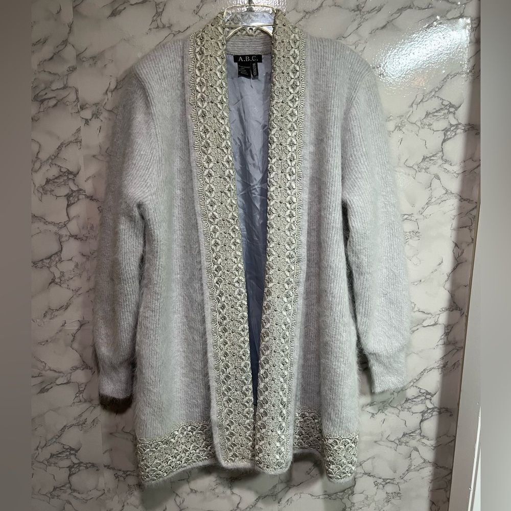 A.B.C White Beaded Angora Rabbit Hair Cardigan Sweater Coat Size OS